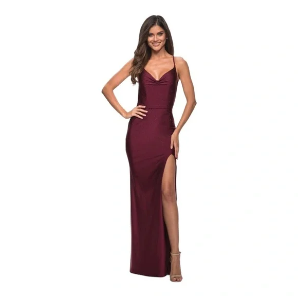 La Femme shinny Jersey Trumpet open Back Front Slit Gown - Picture 7 of 8
